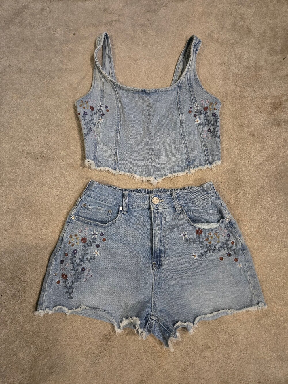 Indigo Rein Light Blue Embroidered Denim Crop Tank and High-Waist Shorts Set